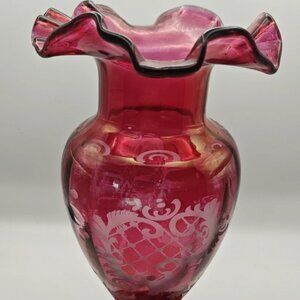 Vintage Cranberry Ruby Flash Cut Glass Vase